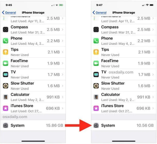 Shrinking large System storage size on iPhone or iPad